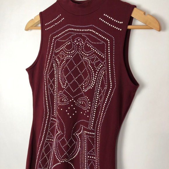 Say What? Body Con Rhinestone Maroon Sleeveless Mock-neck Dress - Picture 7 of 12